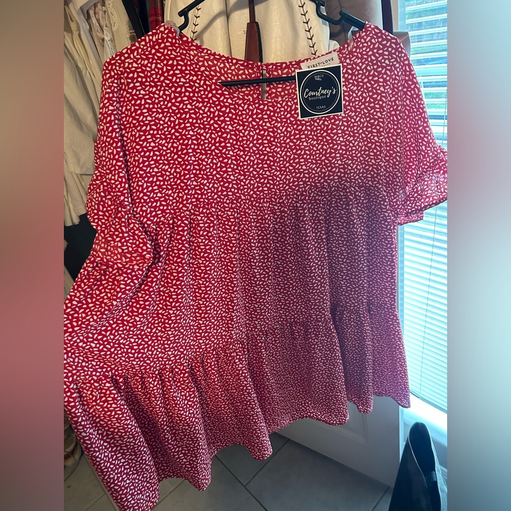 First Love Red Printed Short-Sleeve Tiered Dress